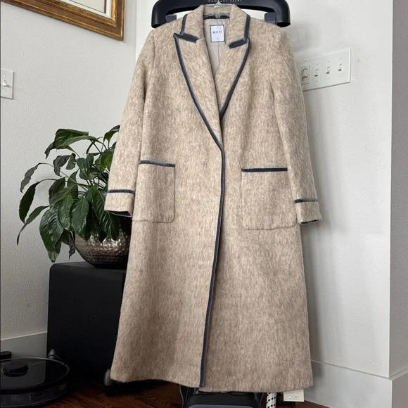 Motf Wool Blend Beige Ivory Long Duster Coat/Jacket Sz L Blue Velvet Trim - Picture 2 of 14